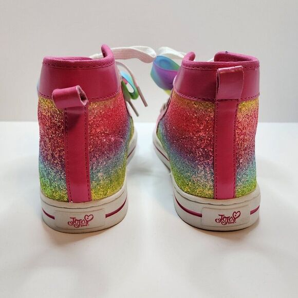 JoJo Siwa Girl's Rainbow Glitter Sneakers | Size 4 | Pink Bow, Laces, High Top - Picture 5 of 7